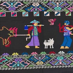 Hmong Hill Tribe Hand Embroidered Cross Stitched Textile Panel Animals People
